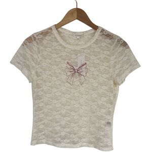 No Comment Womens Juniors Short Sleeve Lace Top Size L Cream‎ Pink Y2K
